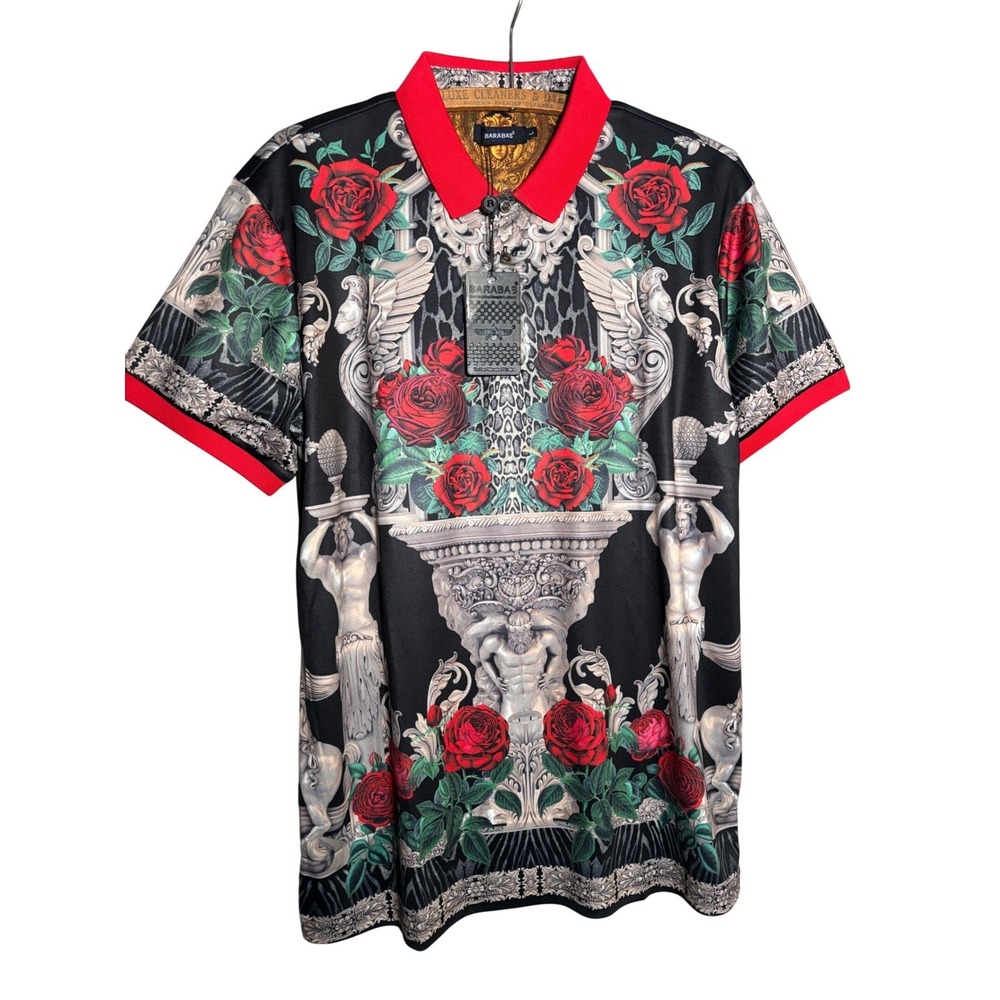 NWT Barabas Mens Y2K Rose Statue Leopard Print Polo Shirt L NEW Streetwear City